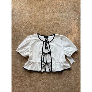 Vandevort Contrast Puff Sleeve Tie Front Blouse White M
